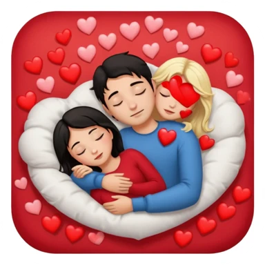 Sleeping romance couple. man has dark hair. woman is blonde. hearts around them. sticker