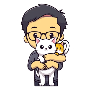 Young man with warm yellow-toned skin, long face, black back-length hair, large eyes, thin-rimmed square glasses, smiling gently while holding a grayish-white Munchkin cat with short legs and a gray patch under its mouth sticker