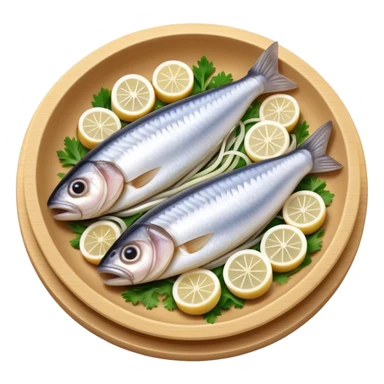 Cinematic Realistic Herring Dish Emoji, showcasing a traditional preparation of fresh herring with onions rendered with lifelike detail and cool, crisp lighting. sticker