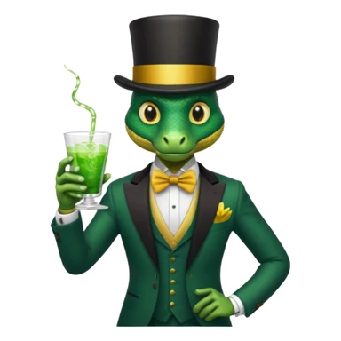 snake wearing suit, bowtie and top hat, holding a glass of green drink sticker