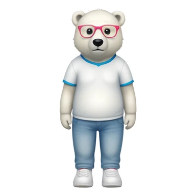 friendly anthropomorphised polar bear standing upright, looking chilled and unbothered, wearing a shirt, jeans, trainers, colorful glasses sticker