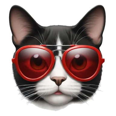 Face of a tuxedo cat wearing red aviator sunglasses with their eyes peeking over the top and a sarcastic way sticker