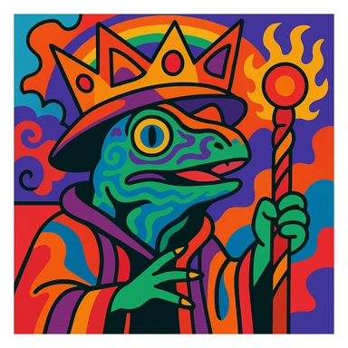 psychedelic lizard wizard with a crown, inspired by King Gizzard and the Lizard Wizard, vibrant colors, trippy patterns, fantasy vibe sticker