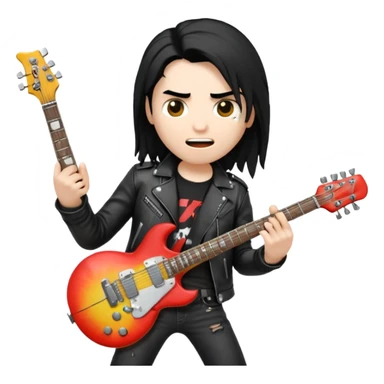 3D Apple-style emoji of a metal musician holding an electric guitar with a bold "ROCK" sign above. Long hair, black leather jacket, ripped jeans, intense expression. Rounded, glossy, smooth, soft shadows, white background.











 sticker