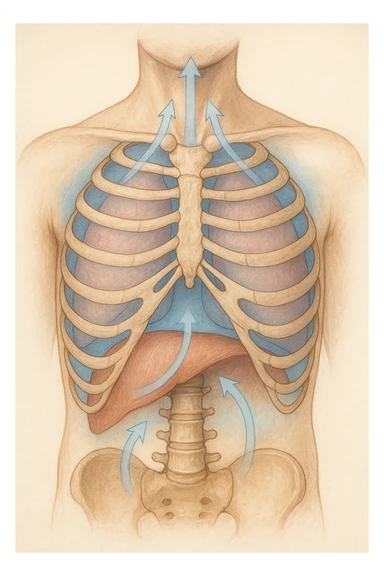 A realistic, high-quality anatomical illustration showing a human torso with visible rib cage and diaphragm. The ribs are shown in a decompressed, expanded state, allowing full lung expansion, while the diaphragm is depicted as relaxed and lowered, indicating deep, efficient breathing. Soft blue and warm tones highlight airflow and lung capacity, with light arrows illustrating the air movement during diaphragmatic breathing. The image conveys a sense of calm, openness, and optimal breathing mechanics, useful for physiotherapy, breathing education, and osteopathic learning contexts realistica sticker