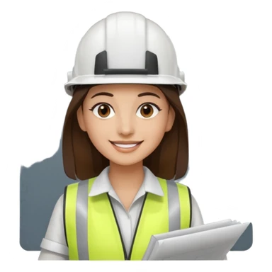 Arquitecta ojos marrones oscuros pestañas piel oliva pelo marron por los hombros sonrie casco blanco chaleco reflectante y material de dibujo técnico sticker