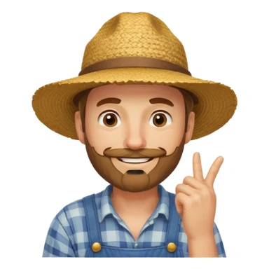 “A single emoji-style character combining 👨‍🌾😄 and 🤔: a smiling farmer man with a straw hat, friendly face, and light beard, holding one hand under his chin in a thinking gesture. His index finger rests under his face, eyes looking slightly upward as if thinking.  sticker