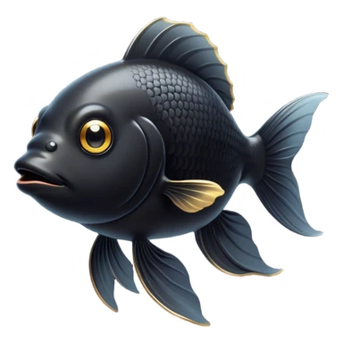 Cinematic Noble Black Goldfish Portrait Emoji, Poised and regal, with a sleek, streamlined build and a lustrous, deep black body, deep-set soulful golden eyes, Simplified yet sharp and sophisticated features, highly detailed, glowing with a soft, dignified glow, high shine, intelligent and graceful, stylized with an air of aquatic elegance, focused and attentive, soft glowing outline, capturing the essence of a watchful and confident aquatic companion, so majestic it feels as though it could glide out of the screen with effortless authority! sticker