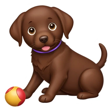 Chocolate Labrador plays with a toy sticker