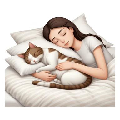 side view Brunette teenage girl sleeping with white cat that has beige stripes on a white pillow with white sheets sticker