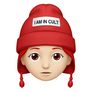 Red hat that says "I AM IN A CULT" in white text sticker