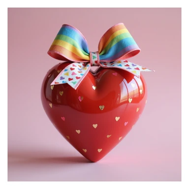 realistic heart with a rainbow bow decorated with heart pattern on the bow, photorealistic style sticker