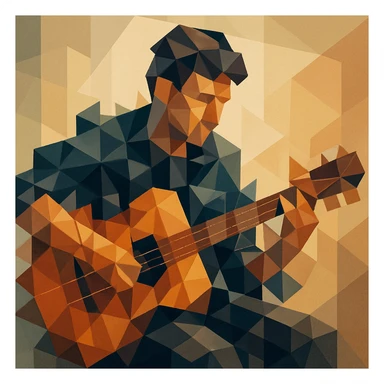 Musician playing a guitar with limbs and strings fractured into overlapping cubes and triangles. sticker