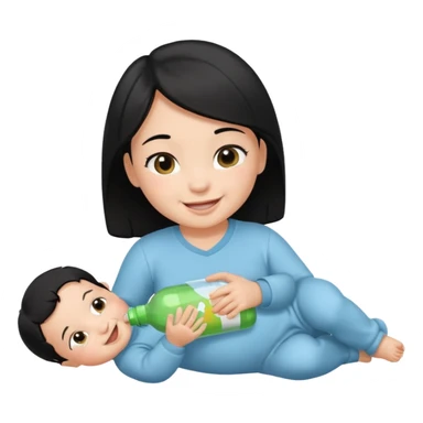 A baby with black hair holding a bottle while laying down sticker