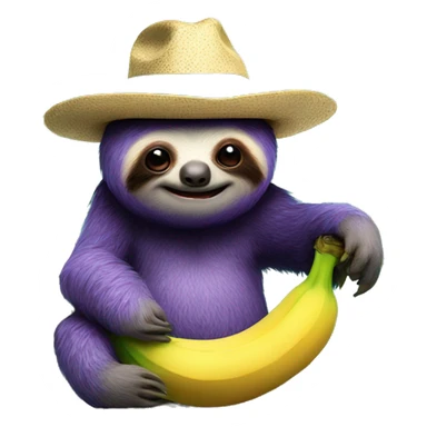 Purple sloth sitting on a banana tree wearing a bowler hat that is turquoise with an evil smile  sticker
