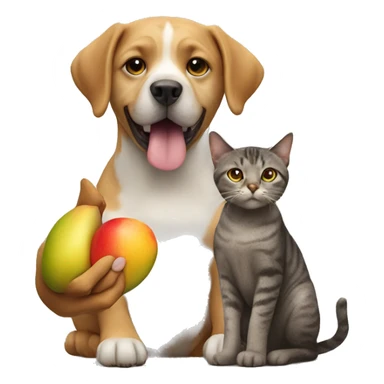 A dog holding a grape and a cat holding a mango sticker