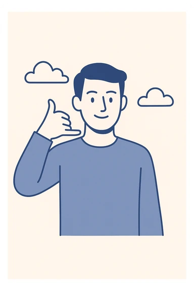 man making phone call gesture, arm extended sideways, thumb and pinky finger forming phone sign, simple background, modern and clear style sticker