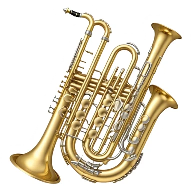 Create a complex, festive, and professional emblem-like emoji representing wind instruments. The design should resemble a heraldic crest, featuring iconic brass and woodwind instruments such as a trumpet, saxophone, clarinet, flute, trombone, and tuba, symmetrically arranged in a balanced composition. A flowing ribbon of musical notes should elegantly weave around the instruments, intertwining with their curves, bells, and mouthpieces, creating a dynamic and harmonious effect. The instruments should have rich metallic tones—gold for brass and silver for woodwinds—with polished highlights and intricate details on the keys and valves. Decorative elements such as elegant scrollwork, laurels, or subtle engravings should enhance the grandeur of the design, making it look celebratory and prestigious. The overall composition should be visually complete, refined, and suitable as a standalone emblem. The background should be transparent. sticker