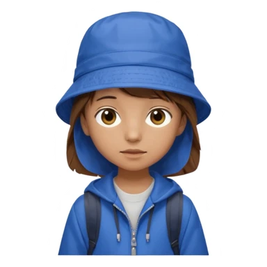 Little student, brown hair, wears blue bucket hat and jacket, backpack, shy sticker