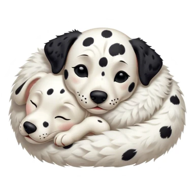 Meme-Worthy Cute Sleeping Spotted Dalmatian Portrait Emoji, Head resting peacefully with a contented smile, showcasing a delightfully majestic build and a luxuriously soft Fur of predominantly white with bold black patches, eyes shut in a serene nap, Simplified yet hilariously adorable features, highly detailed, glowing with a soft, drowsy light, high shine, relaxed and utterly lovable, stylized with an air of playful laziness, bright and heartwarming, soft glowing outline, capturing the essence of a comically sleepy guardian, so meme-worthy it feels like it could instantly become the next viral sensation of adorable slumber! sticker