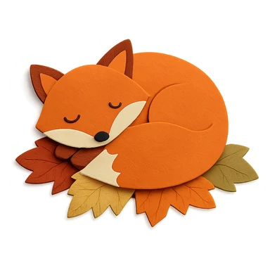 sleepy fox curled up on a pile of autumn leaves, paper-craft style sticker