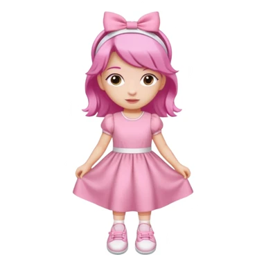 A girl wear a a pink pink dress and pink wacth and a pink hairband and a white shoes sticker