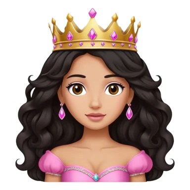 Very tanned princess, with long black wavy hair and crown and an pink princess outfit sticker