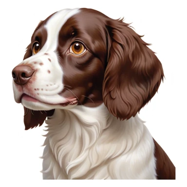 Cinematic Cute Springer Spaniel Portrait Emoji, Head tilted playfully and inquisitively, featuring a vibrant Fur of liver and white with a natural sheen, round, sparkling brown eyes filled with curiosity, Simplified yet irresistibly adorable features, highly detailed, glowing with a warm, friendly glow, high shine, affectionate and lively, stylized with a touch of whimsy, bright and endearing, soft glowing outline, capturing the essence of a mischievous yet loving pup, so playful it feels like it could frolic out of the screen and into your arms! sticker