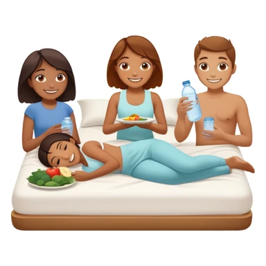 A person in the sun, with a plate of whole foods, water bottle, and glowing bed behind them. Nearby, smiling friends gather—symbolizing balance, healing, and connection through simple daily rituals. sticker