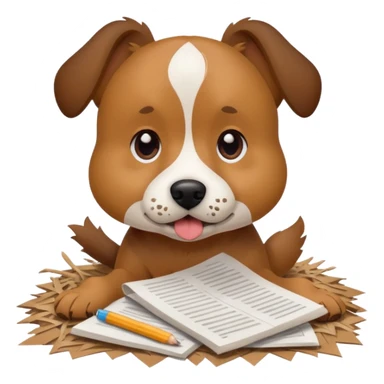 dog sitting on shredded homework sticker