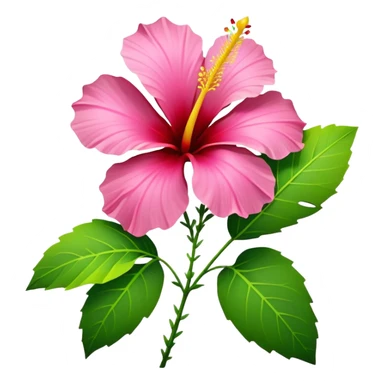 Rare tropical vivid yellow, pink, red, single Hibiscus flower, hyper realistic. Must have three green leaves. Clean thin lines, smooth appearance, no emoji icons, no background, isolated, rendering. sticker