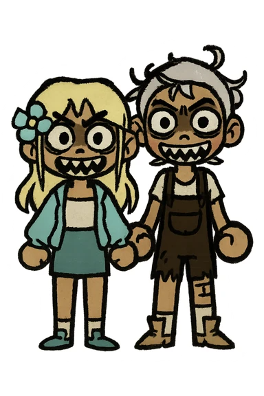 Create a couple image of these two cartoon characters standing side by side, both with scary expressions, matching their style, transparent background. sticker