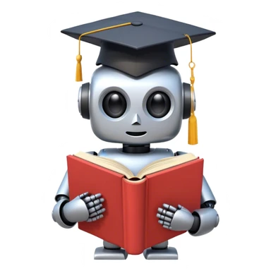 non-anthropomorphic robot reading a big book with graduation head sticker