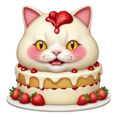 A chubby cat aggressively eating a giant strawberry cake, cream all over its face, exaggerated expression, vibrant colors, cartoon style, playful and humorous mood
, sticker