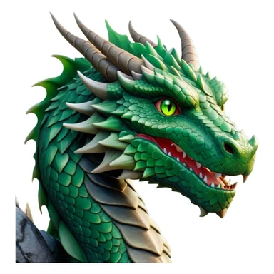 Cinematic Noble Giant Green scaled Dragon Portrait Emoji, Poised and awe-inspiring, with a massive, rugged form carved from ancient stone, featuring intricately textured scales that resemble weathered granite and basalt, and piercing, stony eyes echoing the strength of timeless mountains; rendered with lifelike detail and earthy natural highlights, high shine, formidable and grounded, styled with an aura of primordial majesty, focused and resolute, soft glowing outline, capturing the essence of an enduring rock titan ready to surge from the screen with ageless power! sticker