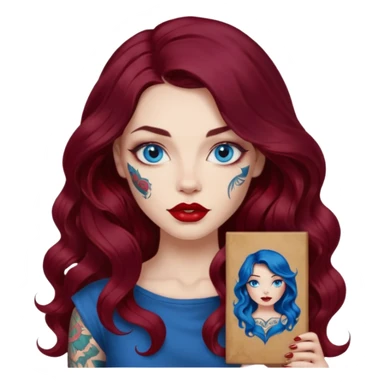  Female long wavy dark burgundy hair, blue eyes, large red lips, tattooed, artist with a canvas sticker