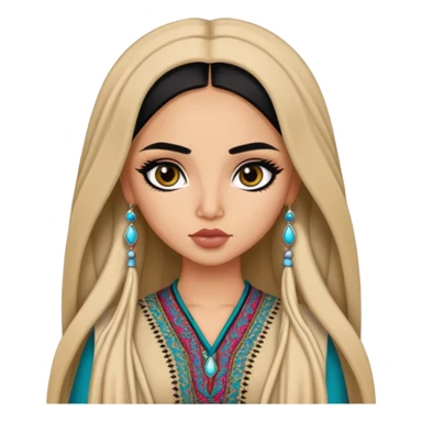Afghan nose, pretty lips, afghan clothes, medium skin,  long hair, pretty bratz baddie, black eyeliner sticker