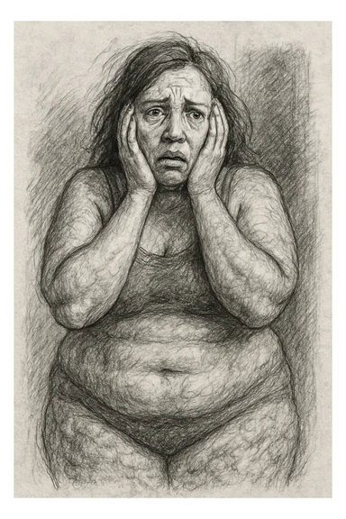pencil sketch style drawing of a woman with a lot of cellulite, visibly desperate and tired of her condition, face visible with a marked expression of despair and fatigue, white background sticker