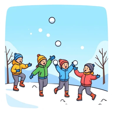 kids playing a snowball fight outdoors, energetic, winter clothing sticker