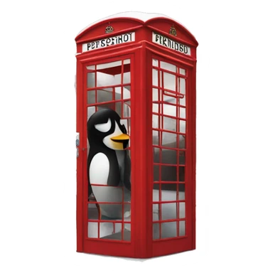 a penguin in a london phone box phoning home sticker
