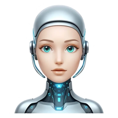 Futuristic human with metallic cybernetic enhancements, digital interface on face, holographic display sticker