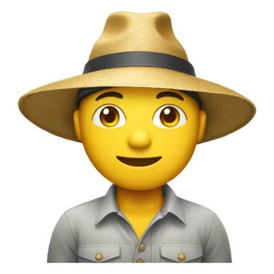 a yellow emoji with small eyes that are wide and look stretched with a rice farming hat sticker