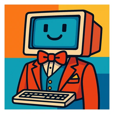 a desktop computer wearing a fancy suit and bow tie, stylish, ready for a party, dress to impress in your computer sticker