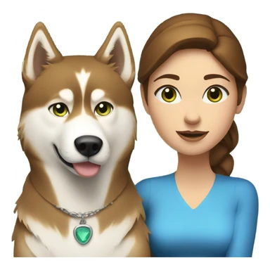 Brown hair  woman with blue eyes with a golden Husky with green eyes sticker