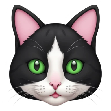 a cat with green eyes, lines on his head but he is black and has white paws and a white neck and mouth fur and nose is pink sticker