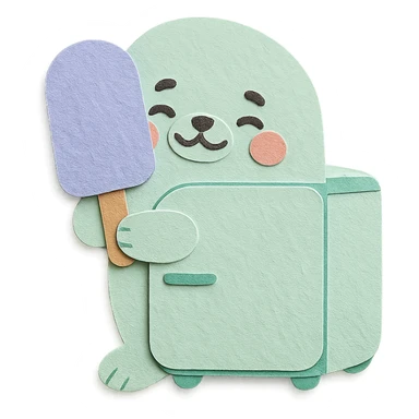 cute seal shaped like a tiny refrigerator, hugging a popsicle, blushing, soft mint colors, full-body sticker