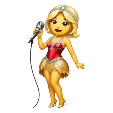 Create a glamorous and eye-catching emoji representing stage vocals, featuring a vintage stage microphone as the central element. Surround the microphone with a vibrant, sparkling stage costume covered in rhinestones, capturing the essence of a classic stage performance. The costume should be flashy, with shiny accents and a dazzling effect to evoke the energy and elegance of a live performance. Add subtle musical notes floating around to emphasize the connection to singing. Use bright, bold colors like gold, silver, and deep reds, along with glittering details to create a luxurious and dynamic atmosphere. The background should be transparent. sticker
