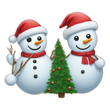two snowmen in red hats dragging a Christmas tree sticker