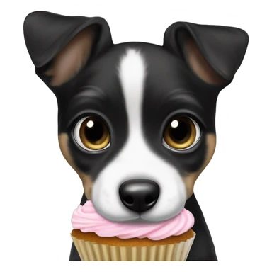 Cute big eyed Black and white girl teddy Roosevelt terrier puppy runt (no brown) eating a cupcake sticker