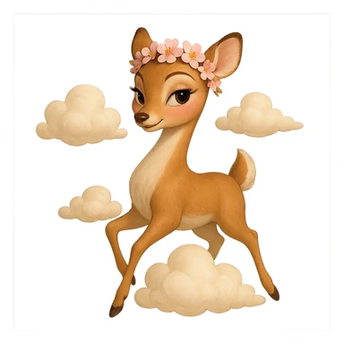 Pixar-inspired elegant feminine vanilla cloud doe, rosy cheeks, cherry blossom crown, floating gracefully, confident charming subtly alluring vibe sticker